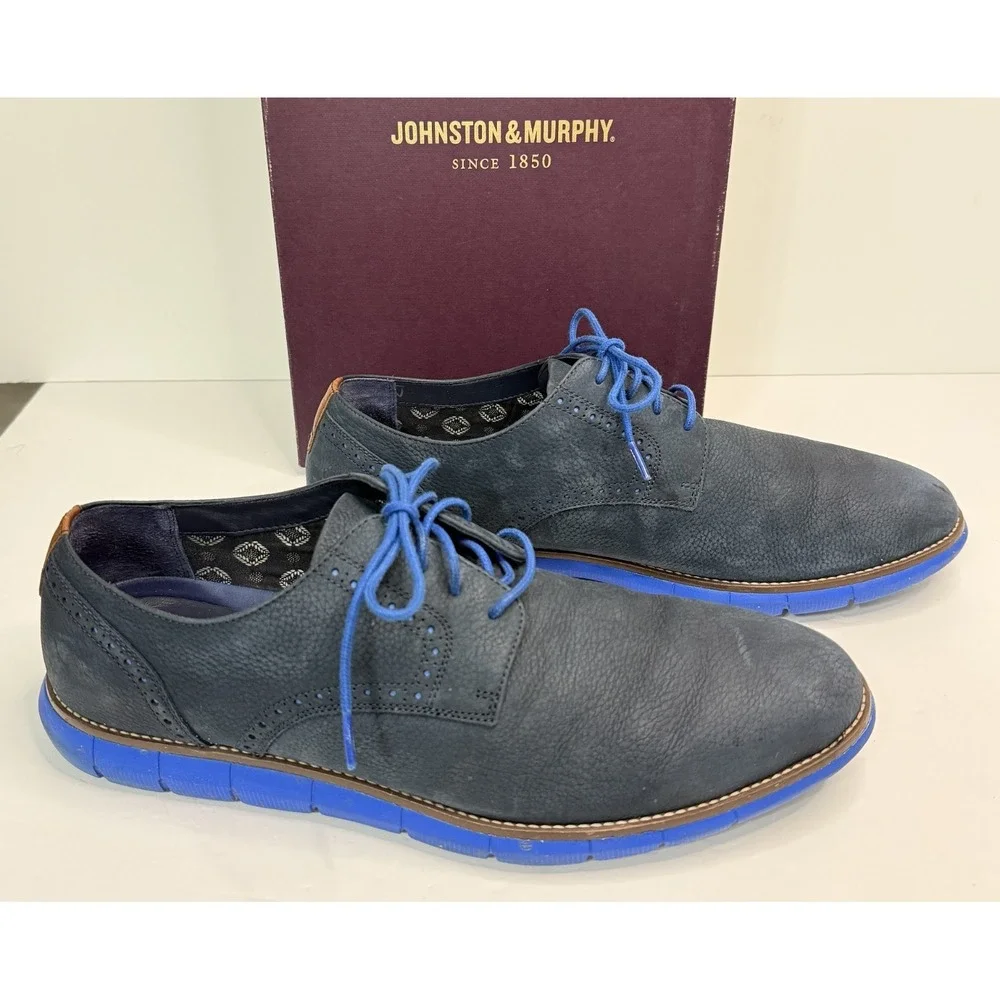 Johnston & Murphy EATON Plain Toe Men Shoes 13M Navy Blue Nubuck Leather 59-3849